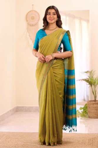 Image of Women's Cotton Woven Soft Sarees With Attach Blouse Piece.