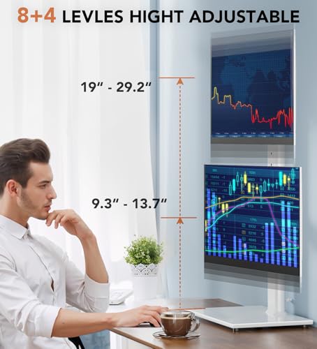 Image of Dual Monitor Stand - Vertical Stack Screen Free-Standing Monitor Riser Fits Two 13 to 34 Inch Screen with Swivel, Tilt, Height Adjustable, Holds One (1) Screen up to 44Lbs HT05W-002 White