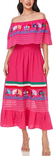 Image of YZXDORWJ Women Embroidered Mexican Peasant Casual Sexy Lace Off-Shoulder Long Dress