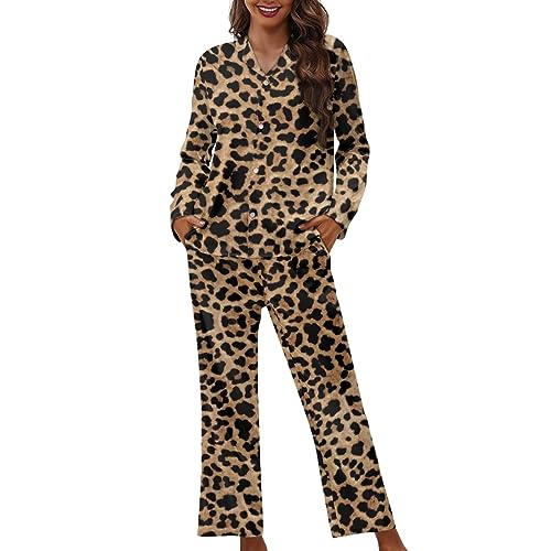 Dolyues Conjunto de pijama de dos piezas para mujer, camisas y pantalones con botones, conjunto de pijama largo casual, Leopardo marrón, XL