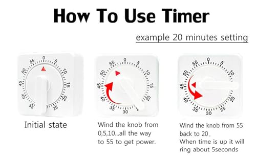 2 Pcs Kitchen Timer with Alarm : Square 60 Minute Mechanical Visual Cooking, Time Management Tools Hour Manual Countdown Timer for Baking, Homework, Exercise Auto Off No Batteries Required White - Image 3
