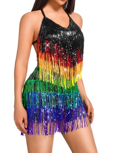 Image of Kaei&Shi Sequin Fringe Romper,Sparkly Glitter Metallic Jumpsuits For Women,Backless Shorts Dress Disco Birthday Dance Outfit
