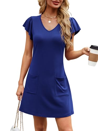 Image of Summer Dresses for Women 2025 Casual V Neck Flutter Short Sleeve Mini Dress Beach T Shirt Sundress with Pockets