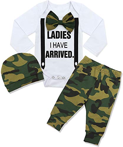 Image of Fommy Newborn Baby Boy Clothes 0-3 Months Infant Romper+Long Pants+Camouflage Hat 3PCS Outfits Set