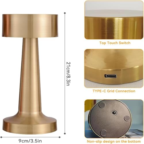 Image of Golden Round LED Table Lamp 3 Color Modes Warm Cool Natural Light, Dimmable Brightness, 1200mAh Rechargeable Battery, Portable Night Light for Bedroom Bedside Desk Home Decor Use -Touch Control