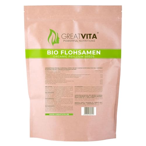 GreatVita Bio Flohsamen 1000g | 99% rein & von Natur aus glutenfrei | Hochwertige Ballaststoffquelle in Rohkostqualität | Vegan, ohne Zusätze, abgefüllt in Deutschland | GreatVita