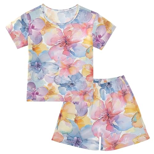 ALAZA Beautiful Flower Watercolor Floral Pajamas Short Sleeve 2 Piece Sleepwear Top and Bottom Pajama Set Unisex