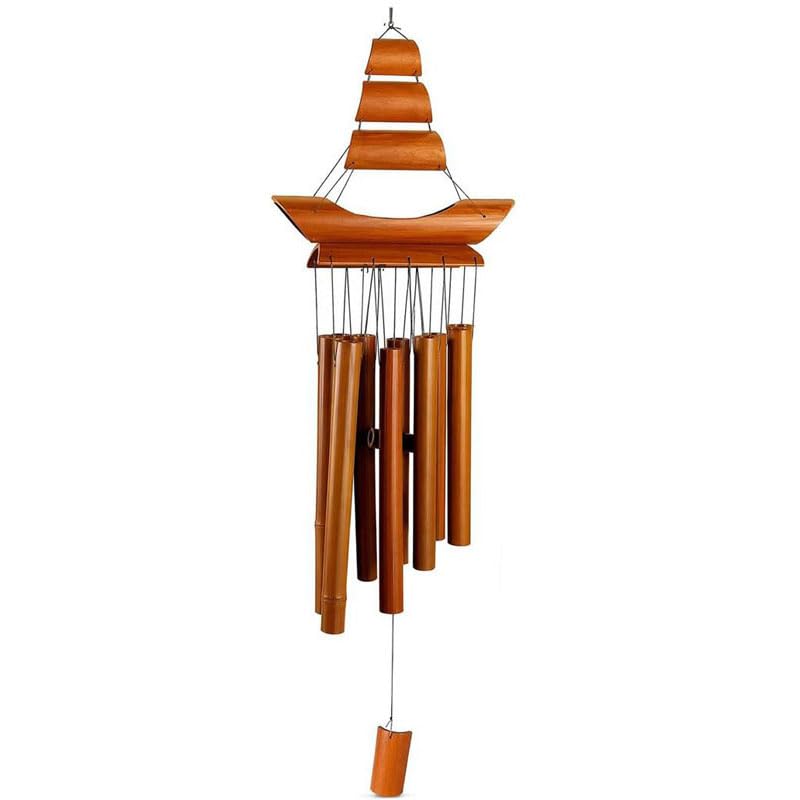 Sailboat Bamboo Wind Chimes, Natural Wooden Wind Chime with Soft Soothing Sound, Indoor Outdoor Hanging Decor for Garden Patio