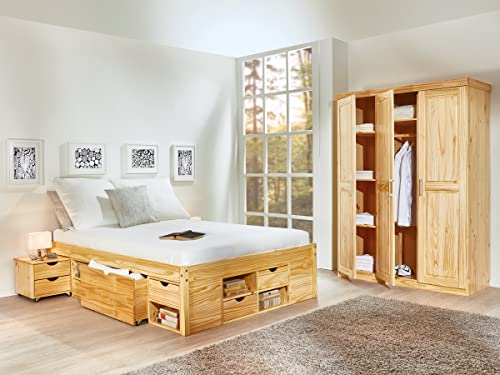 Inter Link - Cama doble - Multifunción - Cama con almacenaje - Cama funcional - Con mesillas - 6 cajones - 8 nichos - Madera maciza - Con 2 somieres - Nature - Claas 180 x 200 cm