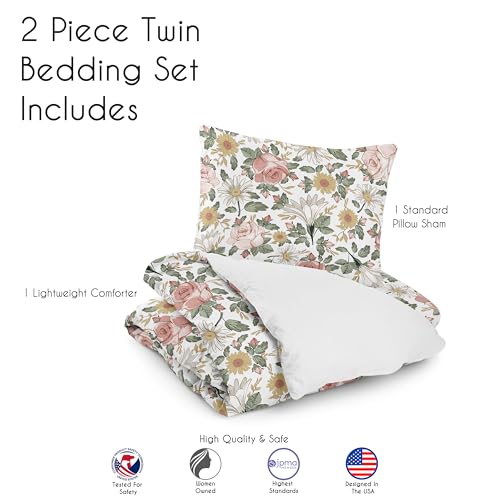 Image of Sweet Jojo Designs 2-Piece Twin Comforter Set (Vintage Floral Boho) for Girls, Teen, Kids Bedding, Bed in a Bag incl. Blanket & Pillow Sham (Shabby Chic, Rose Flower, Farmhouse, Bohemian Pink, Yellow)