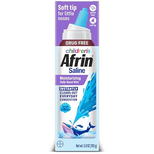 Image of Afrin Moisturizing Children’s Saline Mist for Everyday Nasal Congestion and Dry Nose, Isotonic Seawater Saline Spray for Babies 6+ Months, Drug Free Baby Congestion Relief with Soft Tip Nozzle, 5 oz