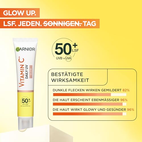 Garnier Vitamin C Tägliches Sonnenfluid, LSF 50+, Schützt und korriegiert Schäden durch die Sonne, Gleicht den Hautton aus, Für Gesicht & Hals, Vegan, Für alle Hauttypen, Daily UV Glow, 40 ml