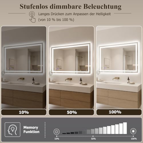 XRAMFY Badspiegel mit Beleuchtung LED 127×76CM, 3 Farbtemperaturen & stufenloses Dimmen, Anti-Beschlag, Spiegel mit Beleuchtung… – Ansicht 3