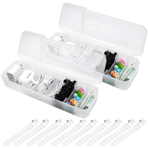 Kabel Organizer,2 St&uuml;ck Kabel Aufbewahrungsbox,7 F&auml;cher Transparente Kabelmanagement-Box mit 10 Kabelbindern, Doppel&ouml;ffnung Kabel-Organisator f&uuml;r Schreibtisch Lagerung, B&uuml;ro, Hausgebrauch