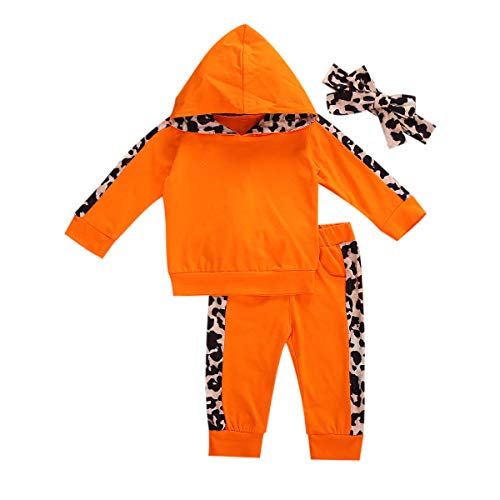 Newborn Baby Girl Hoodies Long Sleeve Leopard Printed Hooded Tops Pants with Pocket Headband 3Pcs Clothes Outfits Set (Orange, 0-6 Months)
