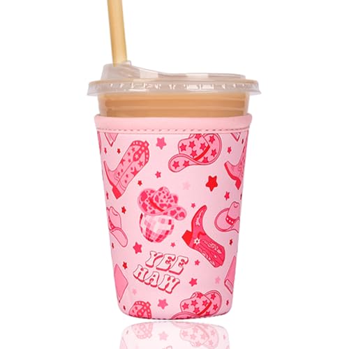 Image of Reusable Insulated Sleeve for Iced Coffee Cup, Coffee Neoprene Sleeve for Cold & Hot Drinks, Beverage Holder for Iced Coffee (Pink Cowgirl, Medium: 22-24oz)