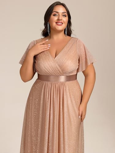 Ever-Pretty Plus Women's V Neck Pleated A Line Glitter High Low Plus Size Cocktail Wedding Guest Dresses with Sleeves 5