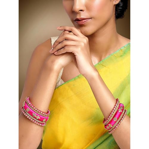 Aheli Royal Design Silk Thread Bangle Set Saree Matching Chuda Indian Traditional Wedding Fashion Jewelry Gift for Women (Silk Rani Pink-Faux Stone, 2.8)3