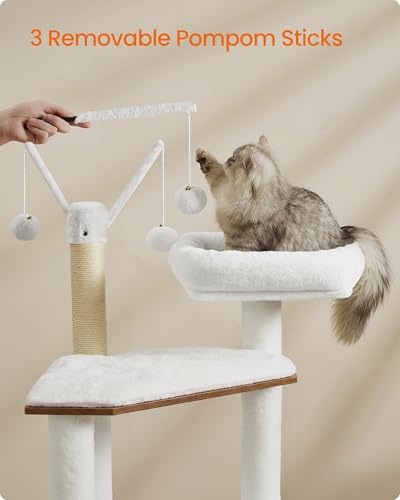 Image of Feandrea Cat Tree with Litter Box Enclosure, 59-Inch Modern Cat Tower | 2-In-1 Condo with Scratching Posts, Washable Removable Cushion, Rustic White and Honey Brown UPCT113W201