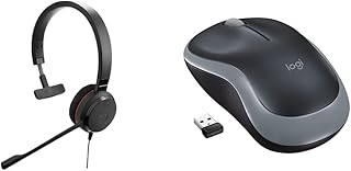 Jabra Evolve 30 MS Mono Headset – Microsoft Certified Headphones for VoIP Softphone with Passive Noise Cancellation – USB-Cable with Controller – Black & Logitech M185 Wireless Mouse - Grey