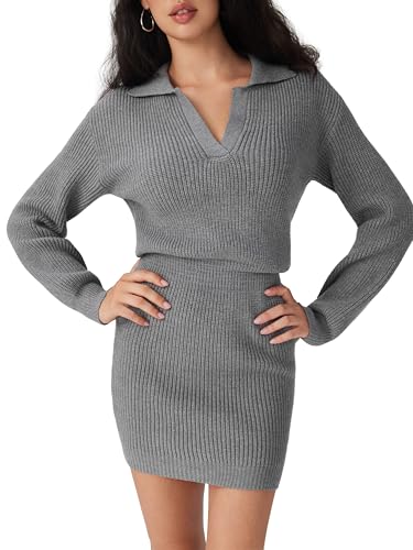 CIDER Womens Ribbed Knit Sweater Dress Long Sleeve V Neck Mini Cozy Dress Collared 2025 Fall Dresses3