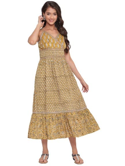 SAVI Women’s Cotton Printed Midi Dress | Sleeveless V-Neck A-Line Flared Kurti Style Long Dress | Casual Summer Ethnic Wear for Women
