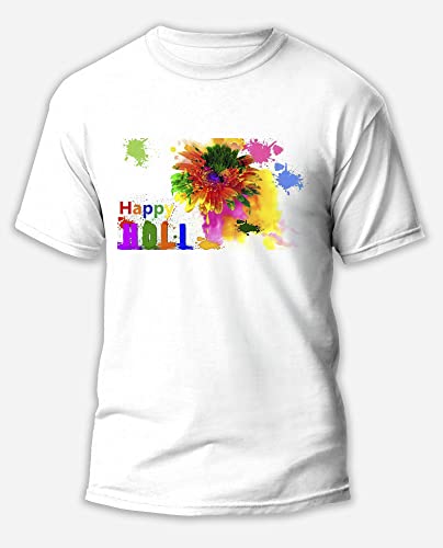 Image of Knitted Polycotton Fabric Regular Fit Men Boys Half Sleeve T-Shirt for Festival of Holi Style 22 White Size : Free