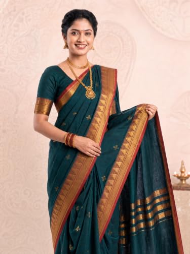 Image of Mom and Me Women Ready to Wear Nauvari Saree, Maharashtrian Peshwai Paithani, 9 Yard Readymade, Acrylic Cotton, Free Size, Traditional Ethnic Saree, with Blouse Piece