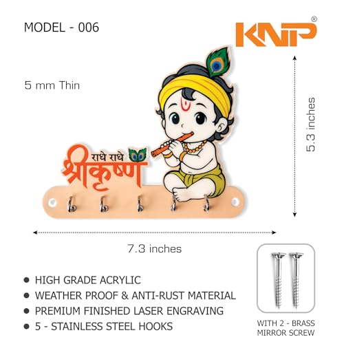 Image of KNP Art Acrylic Key Holders, Premium HD UV Printed, Multipurpose Key Stand for Home, Office Decor, Weather Proof, Anti-Rust, Wall Mounted Key Holder, Cartoon Theme, (Krishna)
