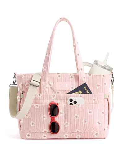 Corduroy Tote Bag for Women Work Bag Fits 15.6 Laptop Teacher Bag with 40oz Bottle Holder Multi-Pocket Laptop Tote for Office Travel & School