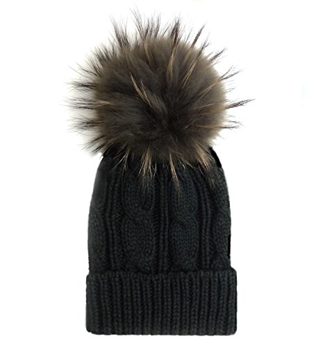 Trendy Warm Real Raccoon Fur Pom Pom Knit Beanie Winter Hats
