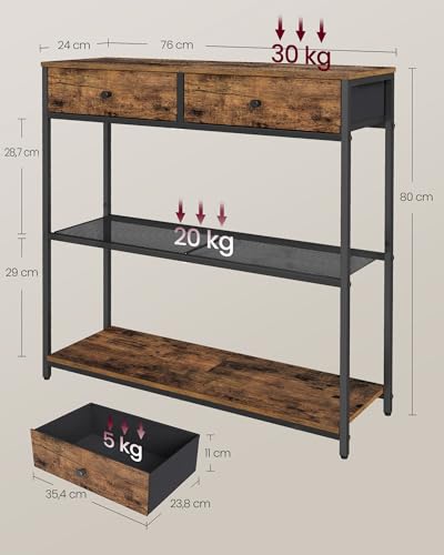 VASAGLE Konsolentisch schmal, Beistelltisch mit 2 Stoffschubladen, Flurtisch, 24 x 76 x 80 cm, für Flur, Wohnzimmer, vintagebraun-tintenschwarz LNT092K01