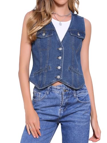 Allegra K Denim Vest for Women's Button Down V Neck Western Waistcoat Sleeveless Jean Jacket