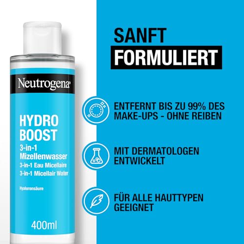 Neutrogena Hydro Boost 3-in-1 Mizellenwasser Gesichtsreinigung mit Hyaluron, entfernt bis zu 99 Prozent des Make-Ups, für alle Hauttypen,400ml