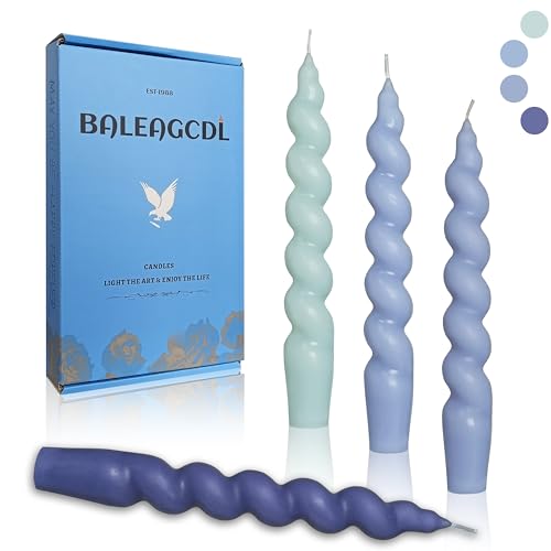 Image of Smokeless Short Candles Gradient Blue Twisted Taper Candles 7.5 Inch Unscented Cute Candlesticks Handmade Spiral Candles for Romantic Dinner Women's Holiday Gifts