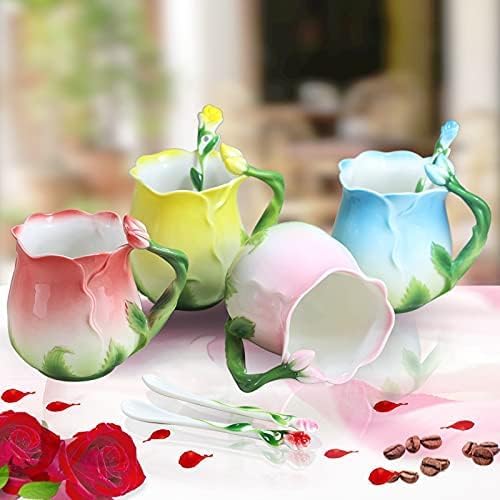 Europäischer Stil Emaille Keramik Kaffeebecher Kreative Rose Blume Form Teetassen Pastoral 4 Farben Frühstück Milchtassen Mit Löffel, Rose