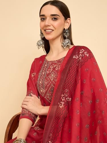 Image of SheWill Kurta Sets for Women - Red Rayon Aari Hand Work with Digital Floral Print Kurta with Pant and Chanderi Dupatta |Stylish Printed Summer Kurti Set