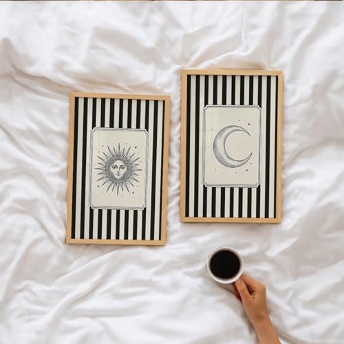 Image of Suneree Celestial Sun and Moon Wall Art Set of 2 Framed Paintings | Black Striped Tarot Style Illustration Poster | Boho Bedroom Living Room Home Decor (Art 7, 10x13 Inches)