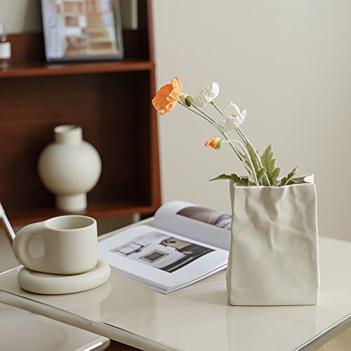 Matte Crème Crinkle Paper Bag Ceramic Vase for Flowers and Bookshelves