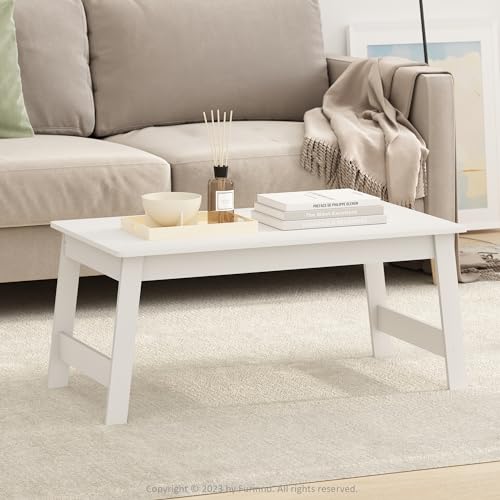Image of Furinno Beginning Coffee Table, Rectangular Modern Center Table with H-Legs, Side Table, Soft Edges, Easy Assembly, for Living Room, Bedroom, Home Office, White
