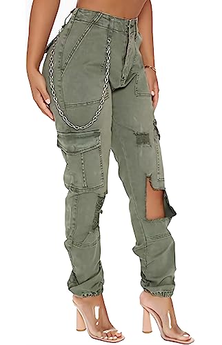Conshvi Women's High Waisted Ripped Cargo Pants with Flap Pocket Slim Fit Y2K Fashion Jeans Trousers Sweatpants Streetwear2