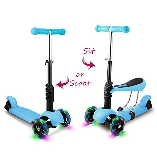 Monopattino 3-in-1 Per Bambini Con Sede Rimovibile, Ruote Grandi A LED Altezza Regolabile Dai 2 Anni Blu