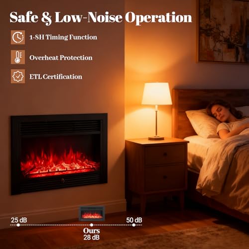 Image of Giantex 33 inch Electric Fireplace Insert, Wall Recessed /Mounted, Freestanding Fireplace with Remote Control, 3 Color Adjustable Flames, 2 Modes Heat, 8H Timer, 5 Brightness, 750 /1500W Heater