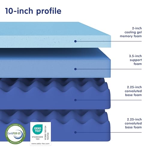 Image of Vibe Gel Memory Foam Mattress, Fiberglass Free 10-Inch CertiPUR-US Certified Bed-in-a-Box, Queen, White