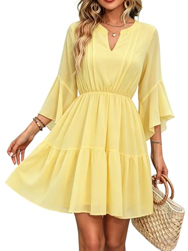 Image of Womens Spring Summer Mini Dress Western Ruffled Sleeve Chiffon V Neck Flowy A Line Short Wedding Guest Party Dresses