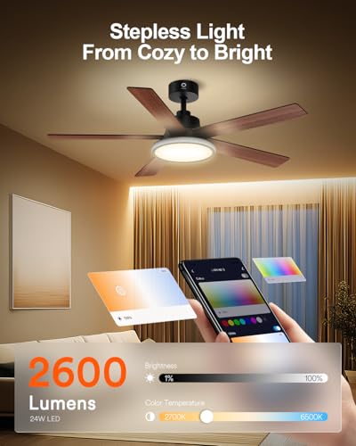 Image of Lumary 52'' Smart Ceiling Fan with RGBAI Lights Remote, WiFi Bluetooth Low Profile Ceiling Fan with Alexa Google App, Dimmable & Color Tuning, 46 Scene, Modern Flush Mount for Bedroom Living Room