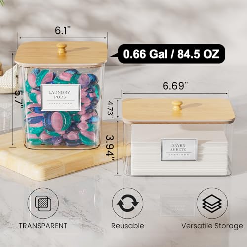 Image of HomePekite Laundry Pods Storage Container, Clear Laundry Room Organization and Storage ,Detergent Powder Container,with Wooden Lids & Labels, 3+1 Pack