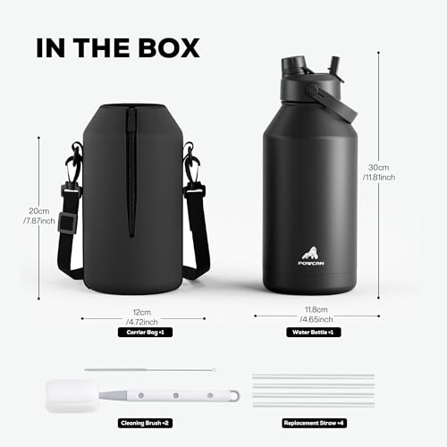 Image of POWCAN 64 oz Insulated Water Bottle for Sports: 2-in-1 Straw & Spout Lid, Leakproof, Carrier Bag, Shoulder Strap, Keep Cold 48H, BPA-Free, Half Gallon Metal Water Jug for Gym, Travel, Gift (Midnight)