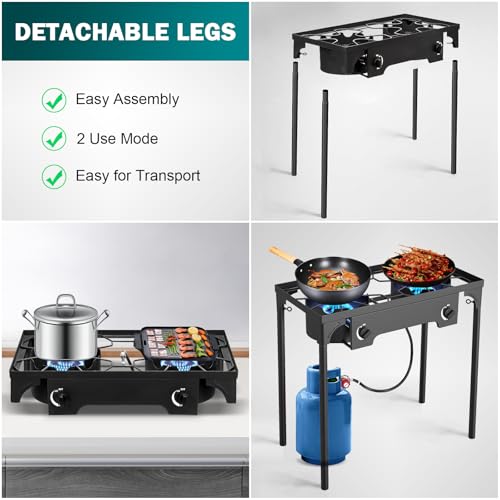 2-Burner-Propane-Stove-150000BTU-Propane-Burners-for-Outdoor-Cooking-with-0-20-PSI-Adjustable-Regulator-and-4ft-Hose-Outdoor-Propane-Gas-Stove-for-Patio-Backyard-Camping-with-Detachable-Stand-Legs