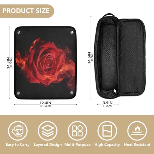 Bolsa de viaje para herramientas de cabello y tapete resistente al calor con cremallera organizador para planchas, rizadores y alisadores, rosa rojo artístico con negro fuego para mujer miniatura 4